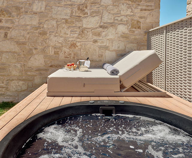 Paralos Kosta Alimia Double Room Private Garden view of the sunbeds from the hydromassage tub