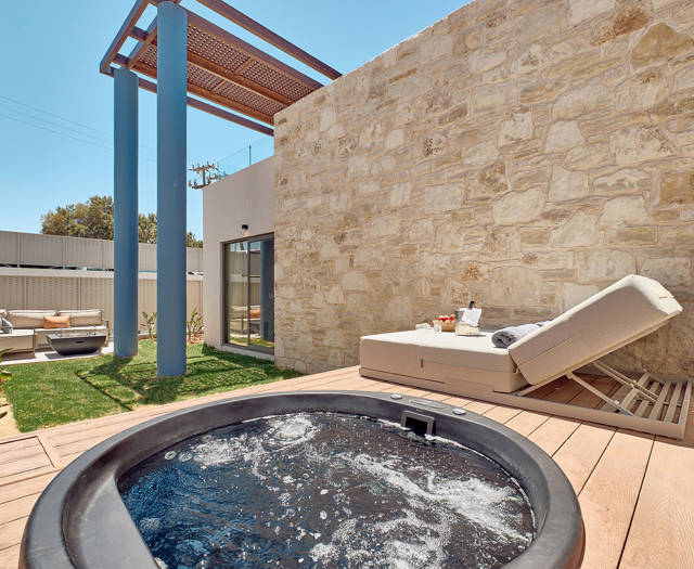 Paralos Kosta Alimia Double Room Private Garden hydromassage tub, sunbeds and the rest of the garden