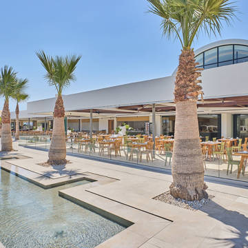 Paralos Kosta Alimia view of the restaurant outdoor sitting area with some palm trees