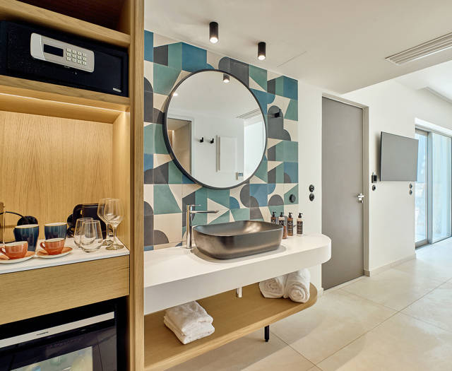 Paralos Kosta Alimia Double Room Private Pool washbasin, mirror and amenities